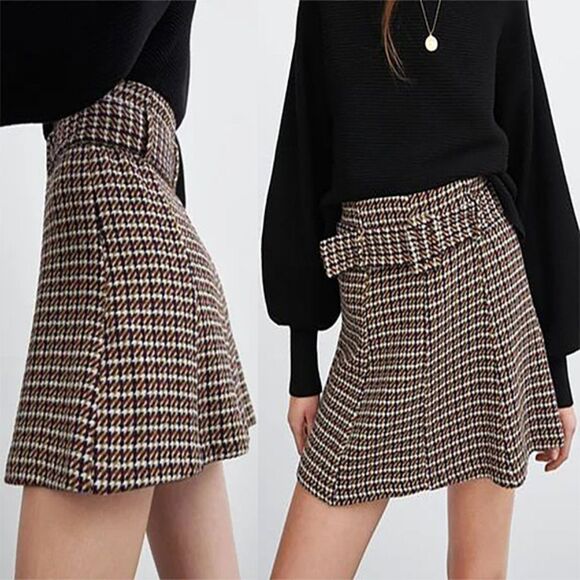 Zara Belted Tweed Mini Skirt Size Medium High Waist Multicolor Preppy Academia - Picture 1 of 10